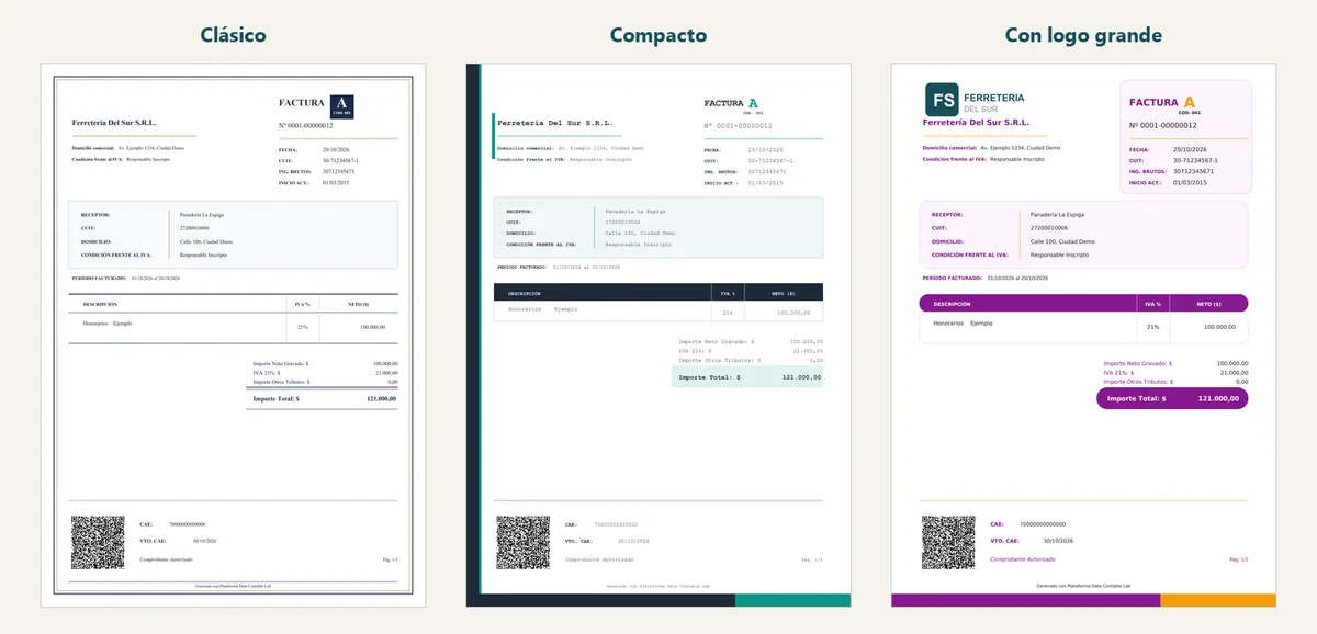 Tres modelos de comprobante PDF: Clásico, Compacto y Con logo grande