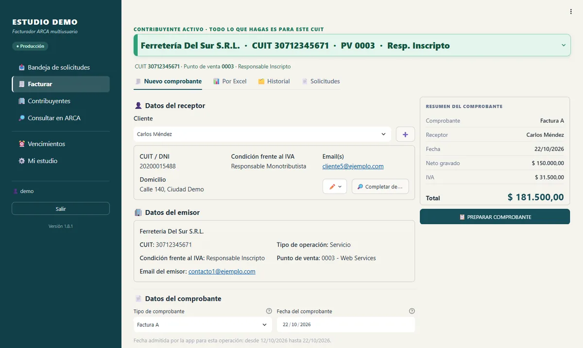 Pantalla para facturar: contribuyente activo, datos del receptor y del emisor, y resumen del comprobante con IVA